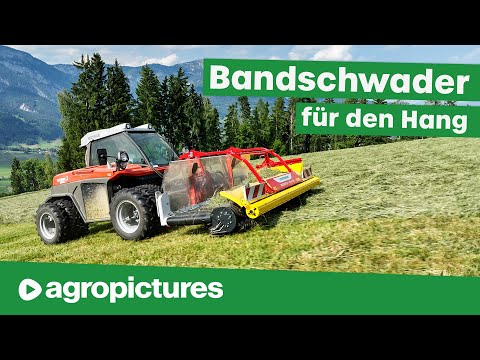 Heuernte in den Bergen mit Pöttinger Mergento Alpin Pickup Front Bandschwader an Metrac und Lintrac