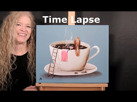 TIME LAPSE - Learn How to Draw and Paint "COFFEE LOVER'S DREAM" Fun, Easy Acrylic Painting Tutorial