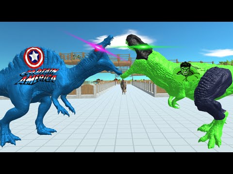 Hulk T-rex Death Run with HP Bar (Hulk T-rex vs Captian T-rex) | Animals Revolt Battle Simulator