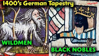 Wild Men Attack Castle filled with Noble &quot;Black&quot; Germans / Historic Tapestry from the 1400&#39;s / Moors