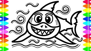 Great White Shark Coloring Page for Kids with Colored Markers /Learn how to Draw Cartoon Shark