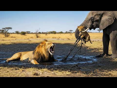 Un éléphant compatissant sauve un lionceau et son petit du goudron mortel — Une histoire de sauve...