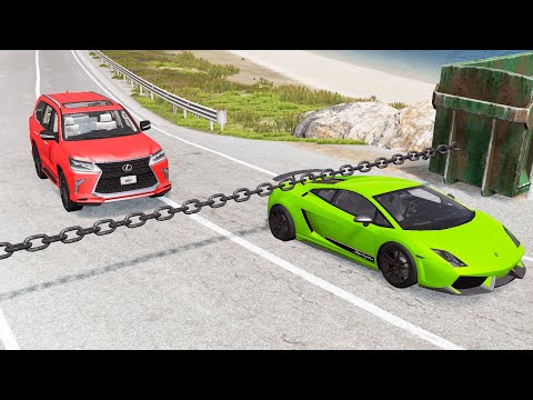 Cars vs Giant Chain - High Speed Driving Crashes Chain Fastened Excavator and Container - BeamNG