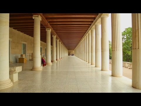 Inside the reconstructed Stoa of Attalos, Museum of Ancient Agora in Athens. Stock Footage