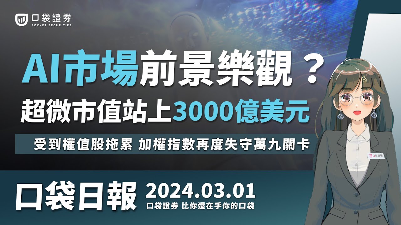 【口袋日報】AI市場前景樂觀?超微(AMD)市值站上3000億美元,受到權值股拖累,加權指數再度失守萬九關卡!2024.03.01