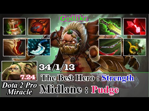 Pudge Midlane Godlike 34 Kill - Dota 2 Pro Miracle Spotlight Gameplay Patch 7.24 - Dota 2 Pro MMR