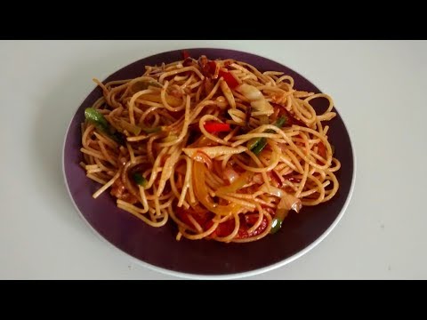 Spaghetti with schezwan sauce. Chinese style spaghetti recipe.