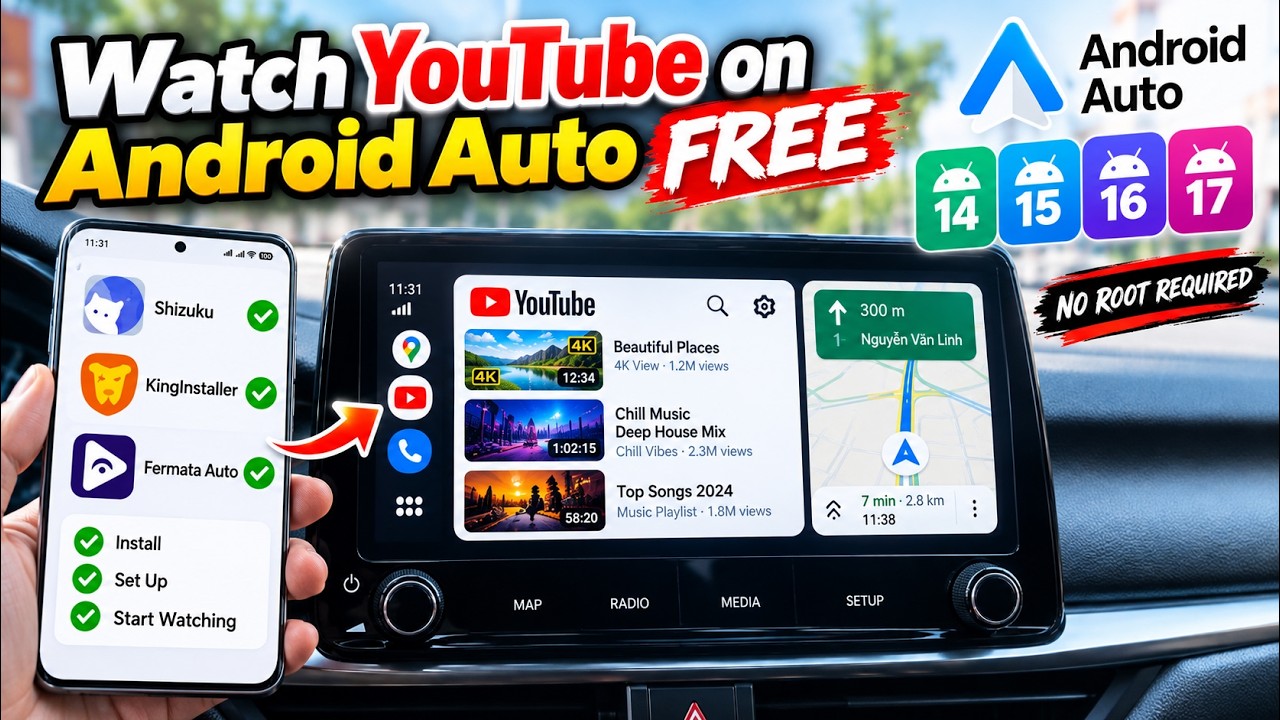 Watch YouTube on Android Auto FREE | Fermata Auto Android 14 15 16 17