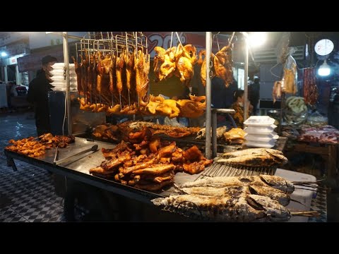 The Popular Man Grill Meats & Testy on The Street - Night Views Street Food Near Olympic Market
