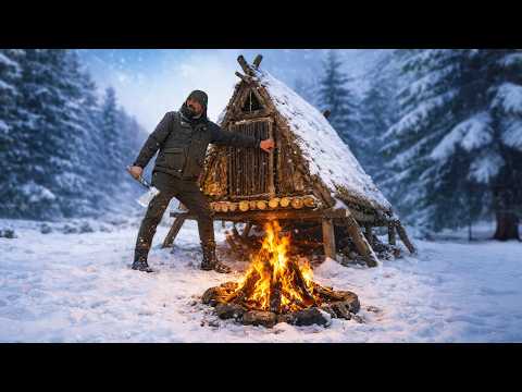 Winter Bushcraft Survival with Dogs | Building a Triangular Shelter in Deep Snow