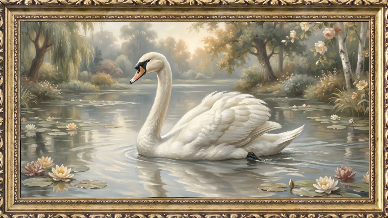 Graceful Swan Painting Gold Frame Art Screensaver | 2 Hours 4K — 4K ambient art screensaver in baroque gold frame