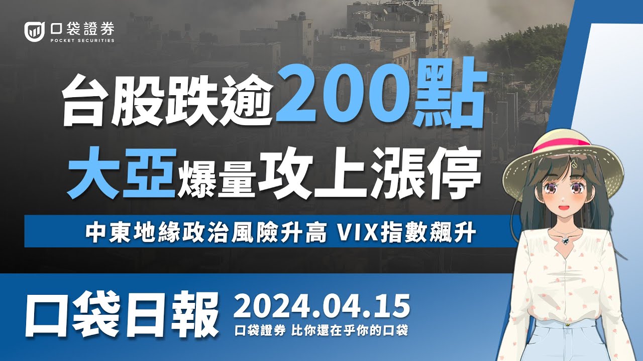 【口袋日報】大亞爆量攻上漲停!台股跌逾200點,中東地緣政治風險升高,VIX指數飆升!2024.04.15
