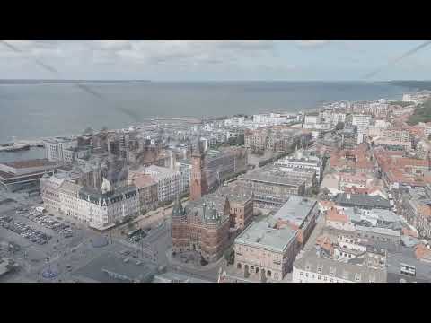 A-Log. Helsingborg, Sweden. Helsingborg Town Hall. Summer day. Cloudy weather, Aerial View, Point of
