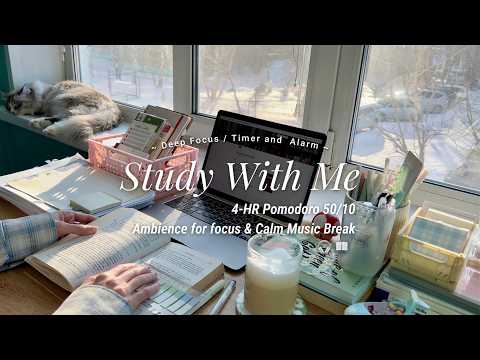 4-HR STUDY WITH ME [Pomodoro 50/10] Cozy winter day 🎧 Peaceful music break ⏱️ Countdown + alarm