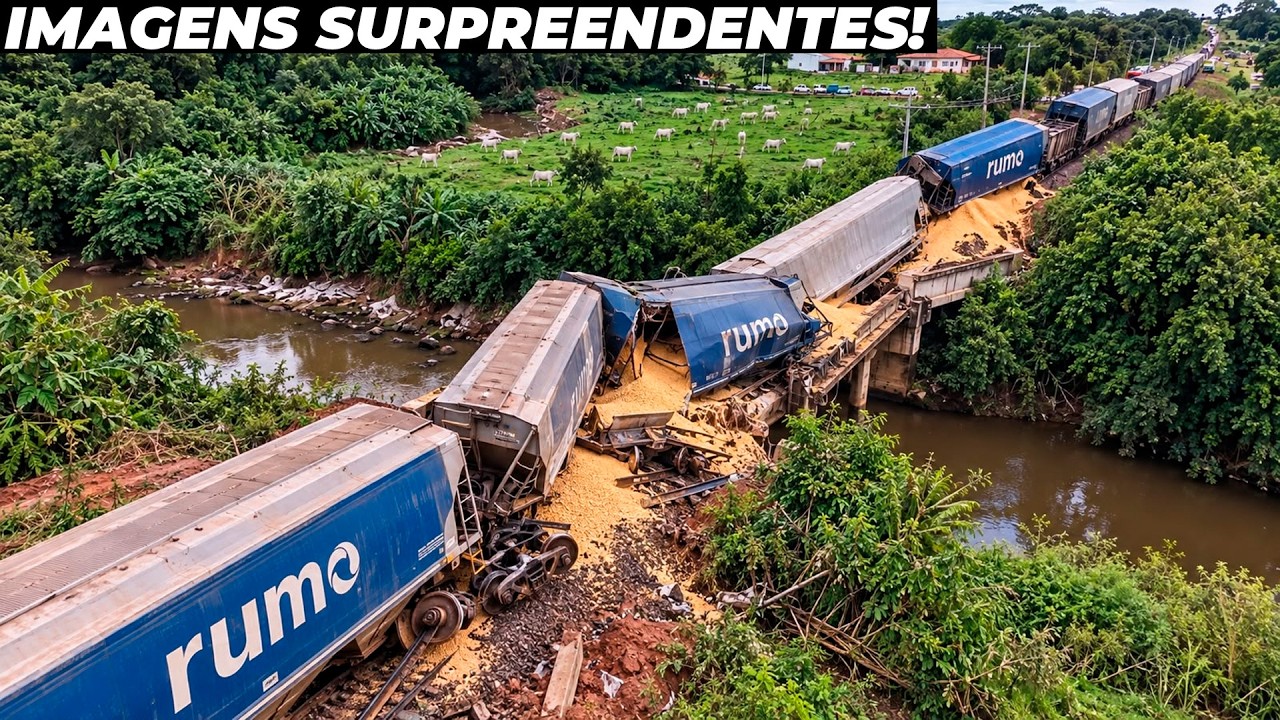 Trem carregado de milho tomba em cima de ponte de forma inacreditável