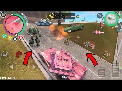 Rope Hero Vice Town (Pink Tank Fight Police Car Robot on climbing) Rope Hero Destroy Army Tank - HD