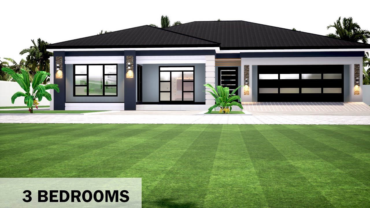 3 Bedroom plan | Hip roof House Design  | 16.9mx16.7m