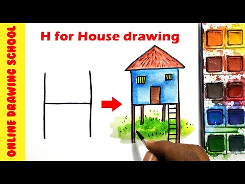 letters H into a House drawing  -  draw a House for children    -  Lesson 69