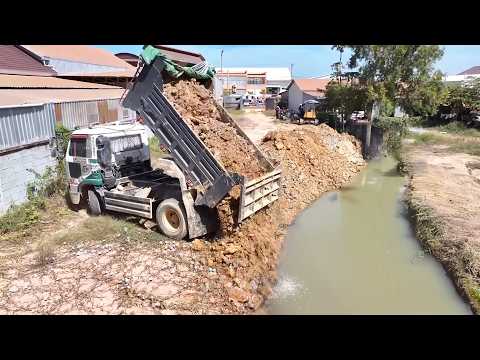 New project starts!! Bulldozer and 5T dump truck push soil into the ditch with 5 ton dump truck