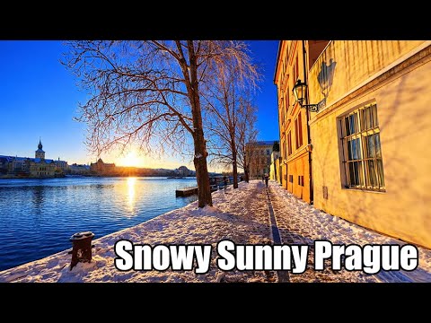 Prague Winter Walk ❄️ Fresh Snow Along the Vltava River | Peaceful Walking Tour