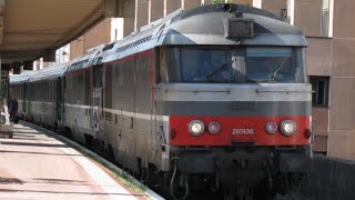 preview picture of video 'France: SNCF Class BB 67400 & 67300 diesels depart Lyon-Part-Dieu station on a passenger train'