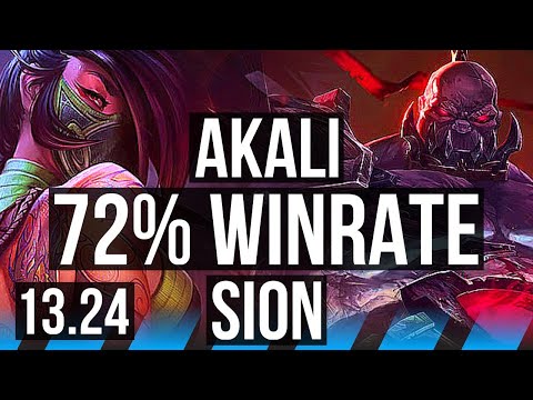 AKALI vs SION (MID) | 13/1/4, 72% winrate, 7 solo kills, Legendary | KR Master | 13.24