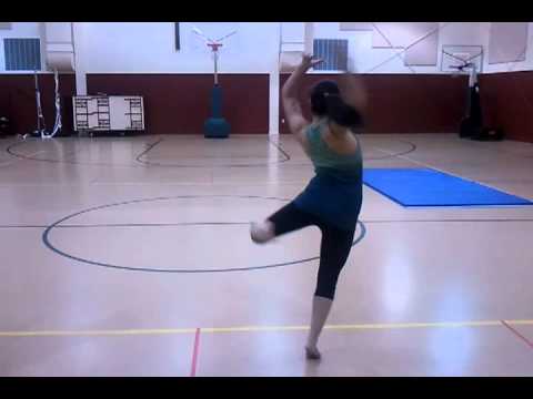 Samantha does a double attitude pivot.