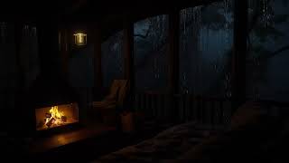 A Quiet Rainy Night with Fireplace in a Wooden Cabin | Soothing Rain Sounds for Calm