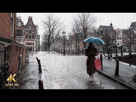 Rainy Walk, Canals of Amsterdam, 4K Relaxing #ASMR
