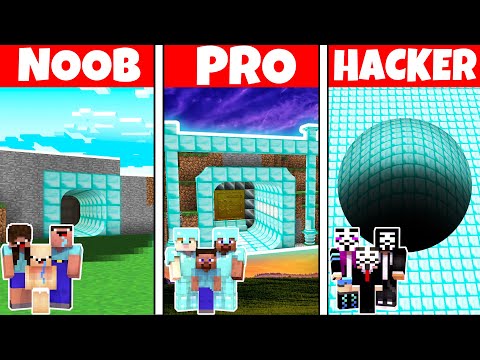 DIAMOND TUNNEL PIT HOUSE BUILD CHALLENGE - Minecraft Battle: NOOB vs PRO vs HACKER / Animation