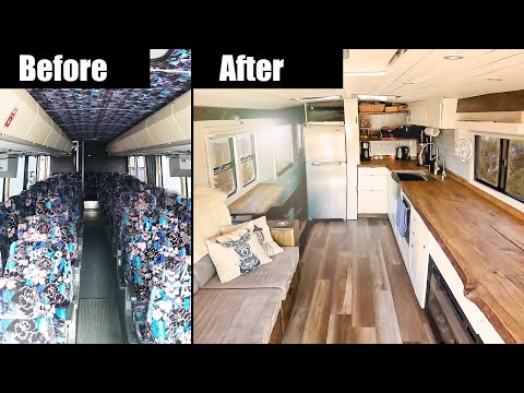 Bus Conversion Tour | Couple Builds Tiny Dream Home in Coach Skoolie for Off Grid RV Living S05E16