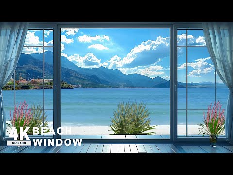 4K Paradise Window View - Calming Ocean Waves & Tropical Birds Chirping