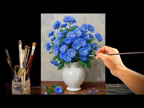 🎨 Painting Blue Daisy Flowers in a White Vase | Relaxing Acrylic Still Life Tutorial| #156