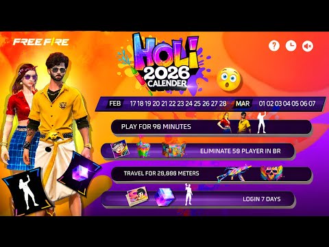 Holi 2026 Free Rewards- 🇮🇳🔥| Free Fire Holi Event | Holi Event Calender| Holi 2026 Event Free Reward