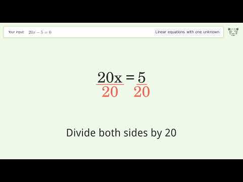 Linear equation with one unknown: Solve 20x-5=0 step-by-step solution