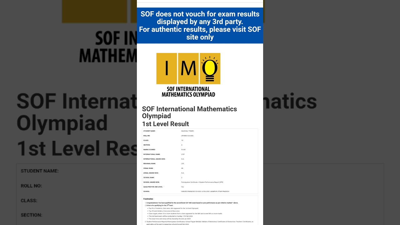 SOF IMO 2023-24 Result Declared / Qualified for 2nd level 🎉 / #sof #olympiad #result