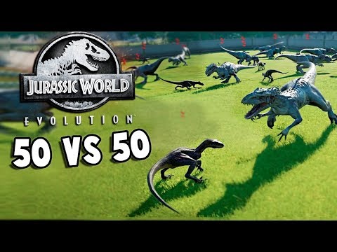 50 INDORAPTORS VS 50 INDOMINUS REXES! - Jurassic World Evolution | 100 Hybrid Battle Royale | HD