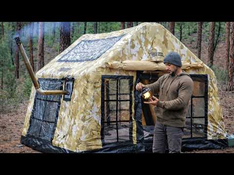 Solo Inflatable Hot Tent Winter Camping with My Dog ASMR