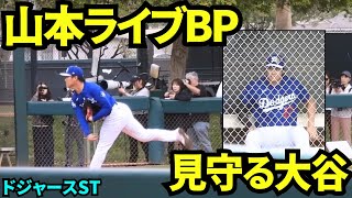 山本由伸が今季初ライブBPに参加！！大谷翔平もも山本のライブBPを見学しにきた！！ベンチで見ようとするも、特等席に移動して佐々木朗希と共に見学【現地映像】2026年2月13日 春季キャンプ