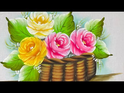 Aprenda a pintar cesta com rosas