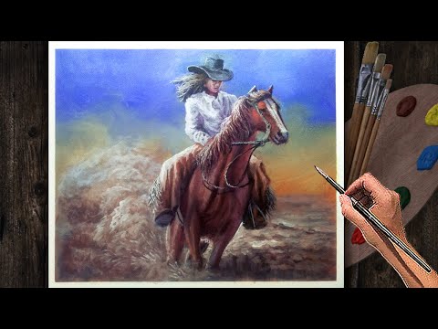 Acrylic Animal Painting Tutorial Time-lapse / Cowgirl Riding a Horse / Fine Art techniques