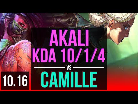 AKALI vs CAMILLE (TOP) | KDA 10/1/4, 2 early solo kills, Legendary | KR Grandmaster | v10.16