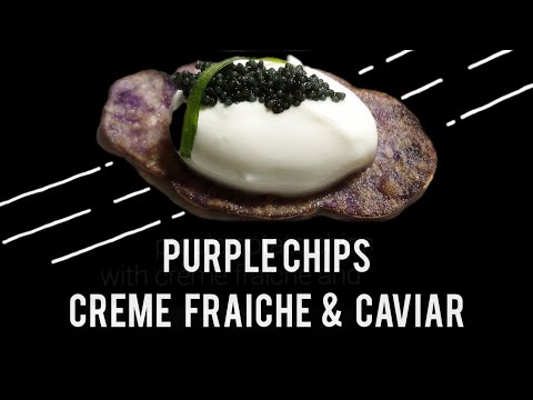 Cripsy PURPLE POTATO chips, creme fraiche, black CAVIAR and chive #recipe | Fine Dine at Home