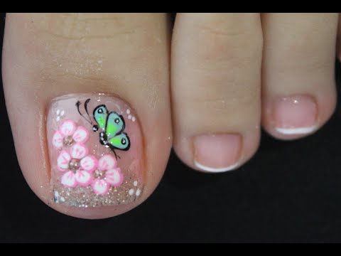 DISEÑO DE UÑAS PARA PIES FLORES MARIPOSA Y FRANCES – BUTTERFLY NAIL ART – FRENCH NAIL ART – NLC