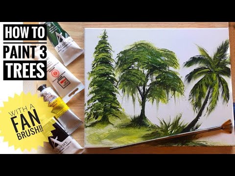 HOW TO PAINT 3 TREES WITH A FAN BRUSH| ACRYLIC PAINTING TUTORIAL |STEP BY STEP