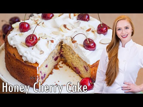 EASY Honey Cherry Cake Recipe! With Kirsch Whipped Cream & Fresh Cherries!