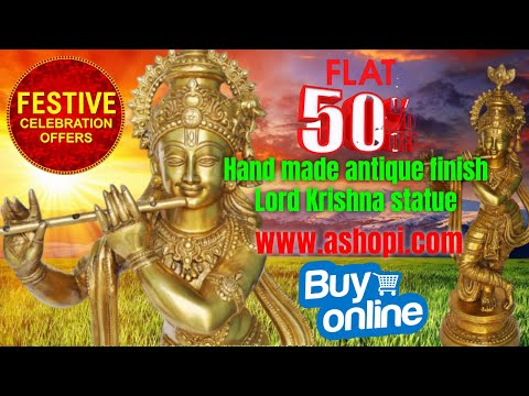 Krishna brass statue standing krishna playing flute for deco...