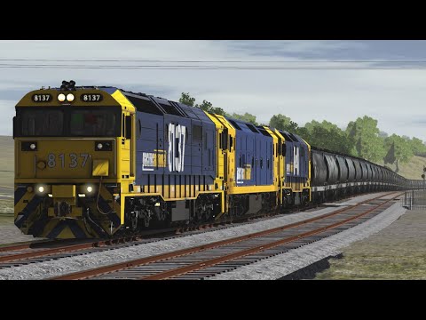 Pacific National 7734v grain train with locos 8137, BL31 & 8148 passing Anakie Loop in Trainz22