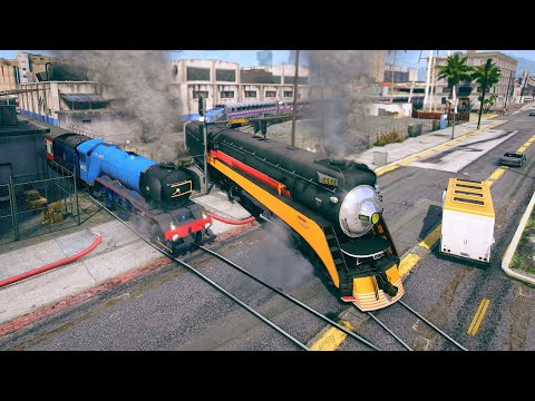 SP DAYLIGHT 4413 meets BIG BOY, FLYING SCOTSMAN, CSX, BNSF and AMTRAK Trains! - Grand Theft Auto V