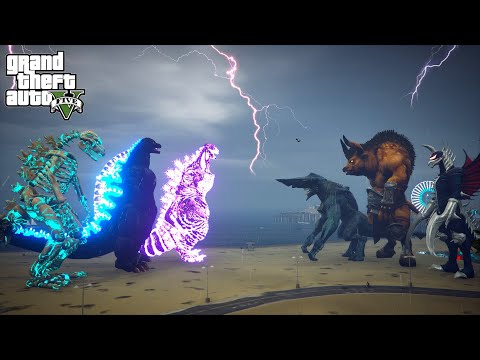 Shin Godzilla, Heisei Godzilla, Skeleton Godzilla vs Gigan Team - GTA V Mods